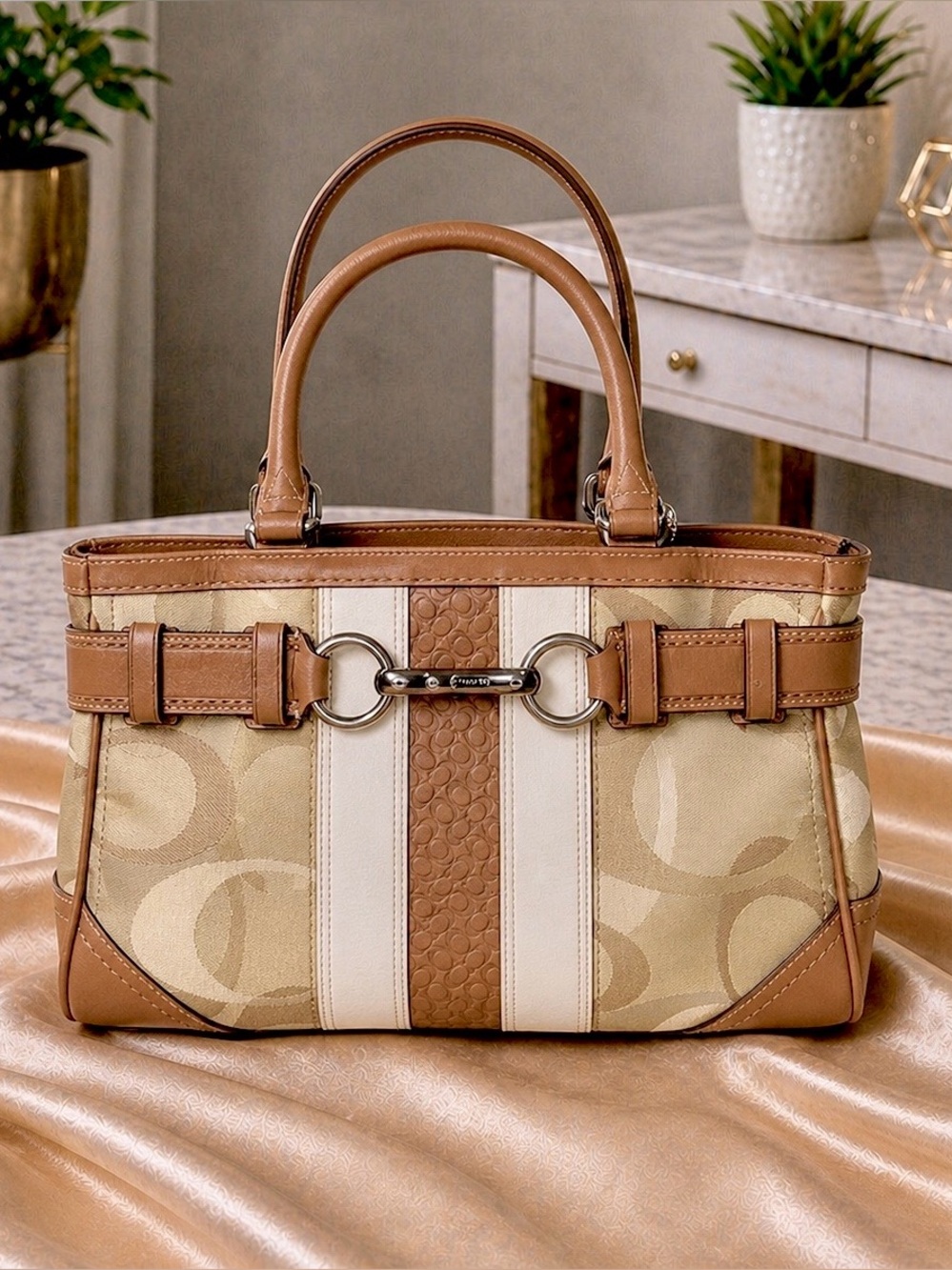 Coach Hampton soho canvas leather signature stripe satchel F13337